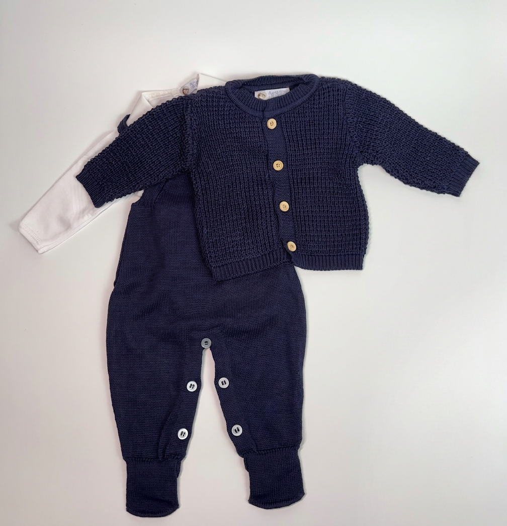 Conjunto Saída Maternidade + Manta - Jardineira com Pézinho (Azul marinho)